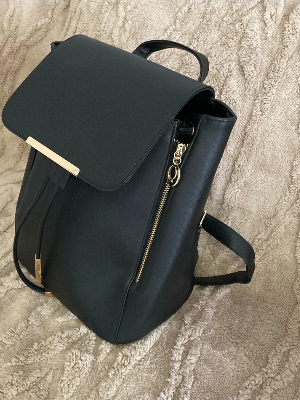 Women's Black Faux Leather Backpack with Gold Hardware